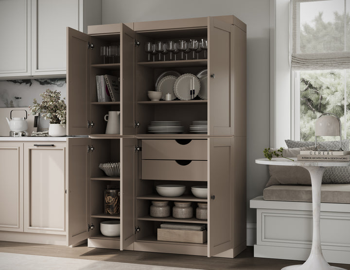 100% Solid Wood 48.5" Pantry Cabinet, Shaker Wood Doors, 2-Drawers