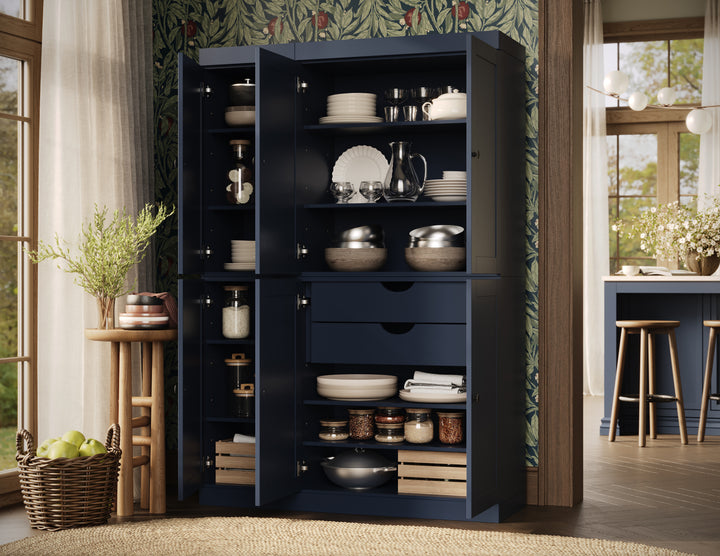 100% Solid Wood 48.5" Pantry Cabinet, Shaker Wood Doors, 2-Drawers