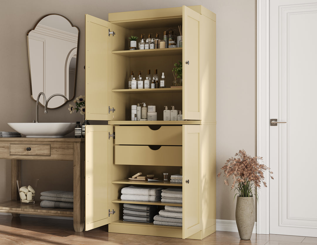 100% Solid Wood Tall Freestanding Modular Bathroom Linen Storage Cabinet with Shaker Doors, 2 Drawers, Adjustable Shelves, 32" W x 71.5" H