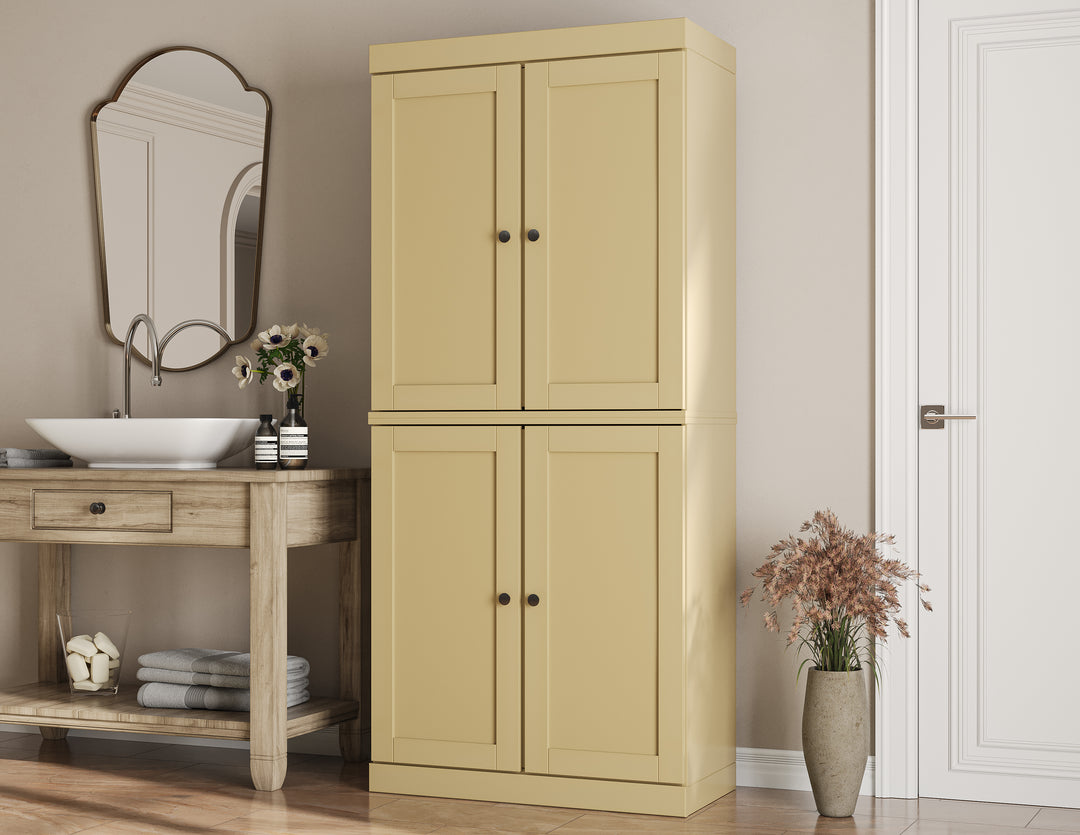 100% Solid Wood Tall Freestanding Modular Bathroom Linen Storage Cabinet with Shaker Doors, 2 Drawers, Adjustable Shelves, 32" W x 71.5" H