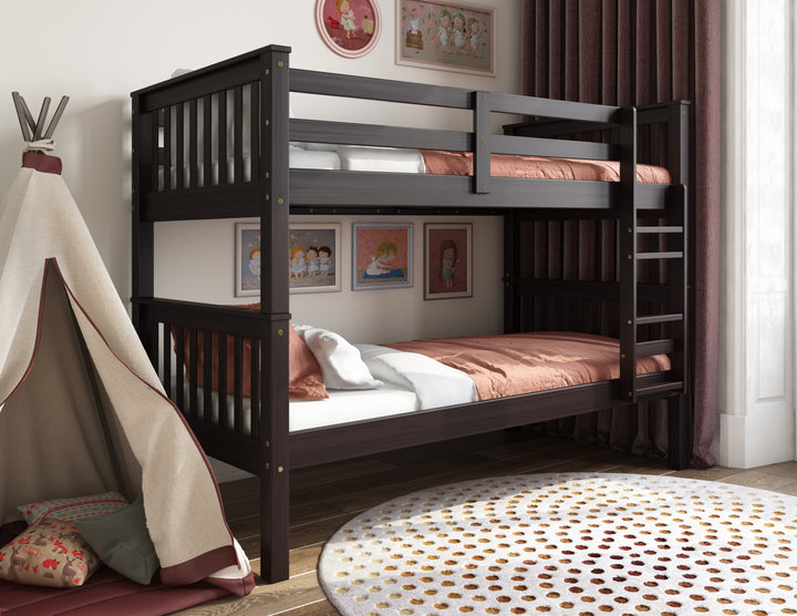 100% Solid Wood Twin Over Twin Bunk Bed with Ladder, Guardrails & Convertible 2 Twin Beds – Mission Collection
