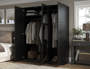 black wardrobe dresser FUFU&GAGA Contemporary Black Wardrobe Closet with Hanging Rail, Deep Drawer, and Moisture-Proof Base
