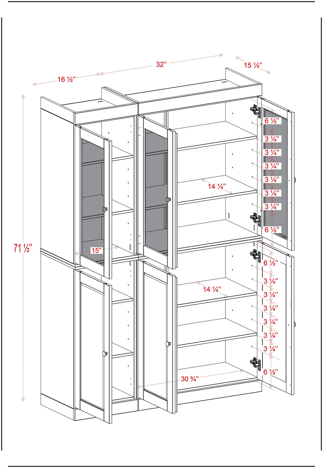 100% Solid Wood Kitchen Pantry China Cabinet, Tall Freestanding Modular Storage with Frosted Glass & Shaker Doors, Adjustable Shelves, 48.5" W x 71.5" H
