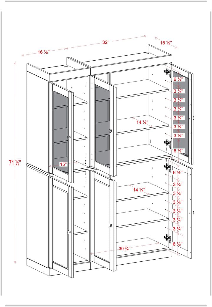 100% Solid Wood Kitchen Pantry China Cabinet, Tall Freestanding Modular Storage with Frosted Glass & Shaker Doors, Adjustable Shelves, 48.5" W x 71.5" H