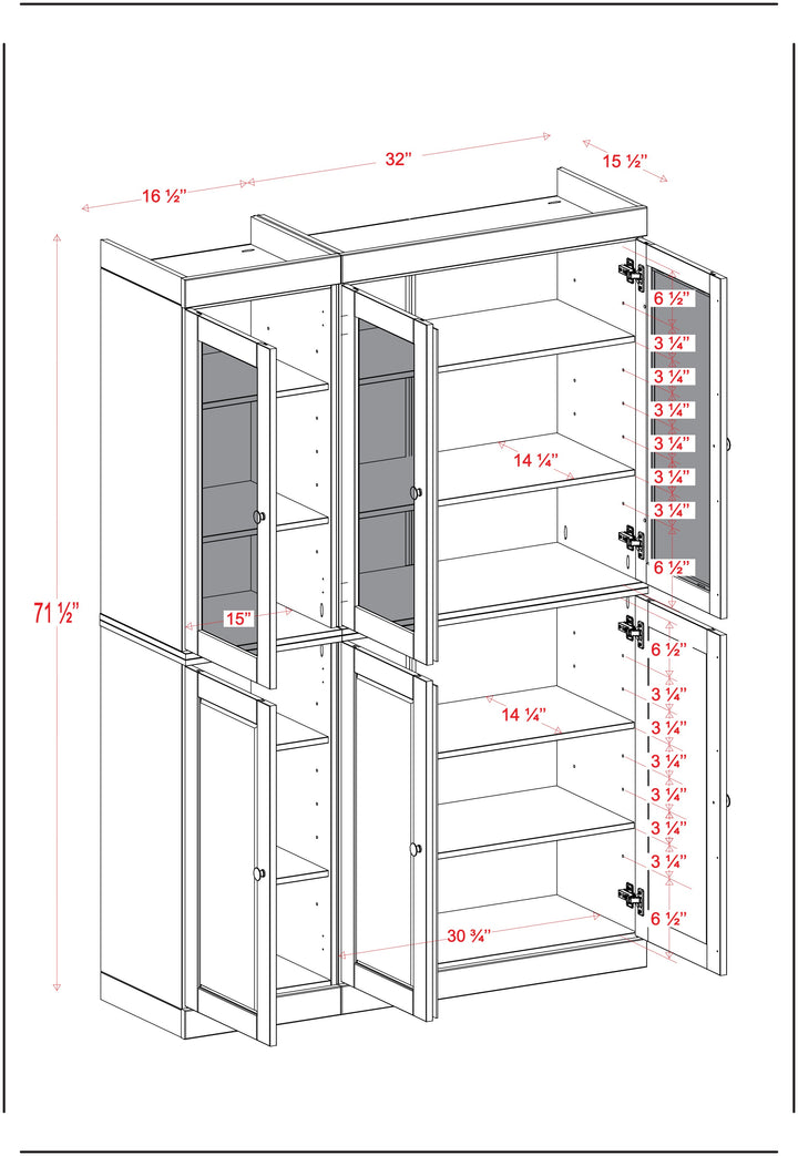 100% Solid Wood Kitchen Pantry China Cabinet, Tall Freestanding Modular Storage with Raised Panel & Frosted Glass Doors, Adjustable Shelves, 48.5" W x 71.5" H