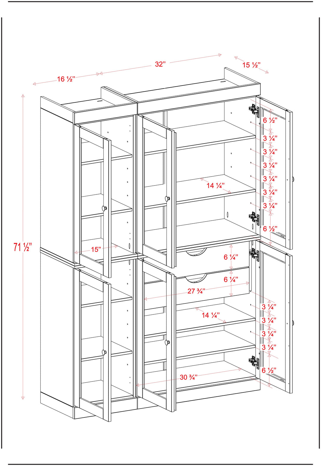 100% Solid Wood Kitchen Pantry China Cabinet, Tall Freestanding Modular Storage with Glass Doors & 2 Drawers, Adjustable Shelves, 48.5" W x 71.5" H