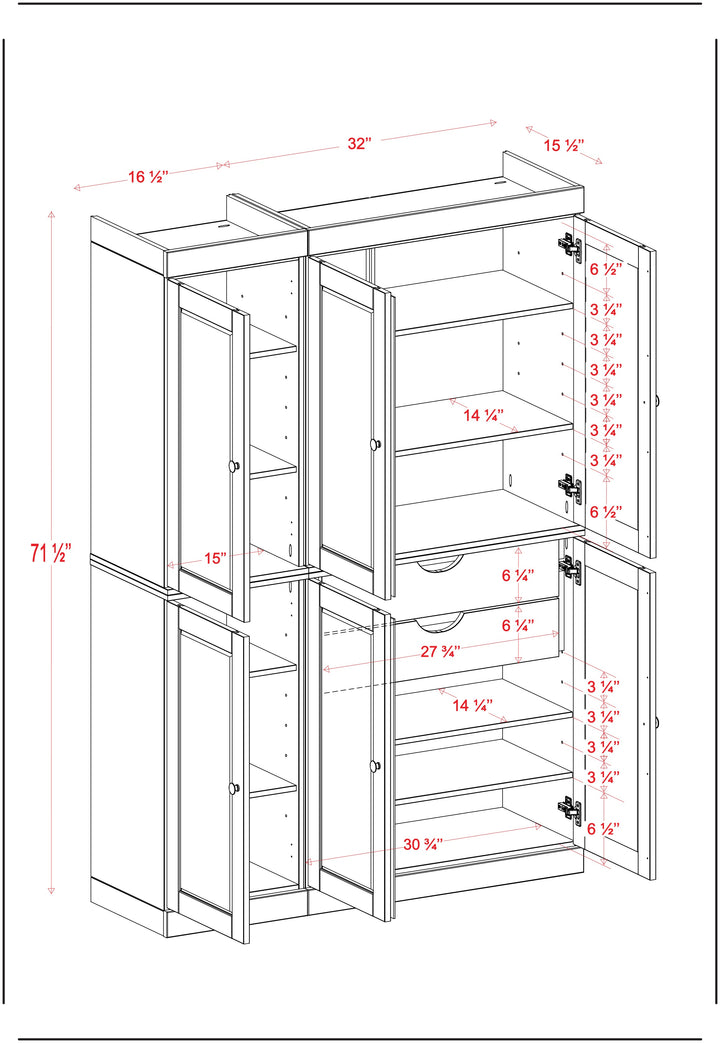 100% Solid Wood Kitchen Pantry Cabinet, Tall Freestanding Modular Storage with Raised Panel Doors & 2 Drawers, Adjustable Shelves, 48.5" W x 71.5" H