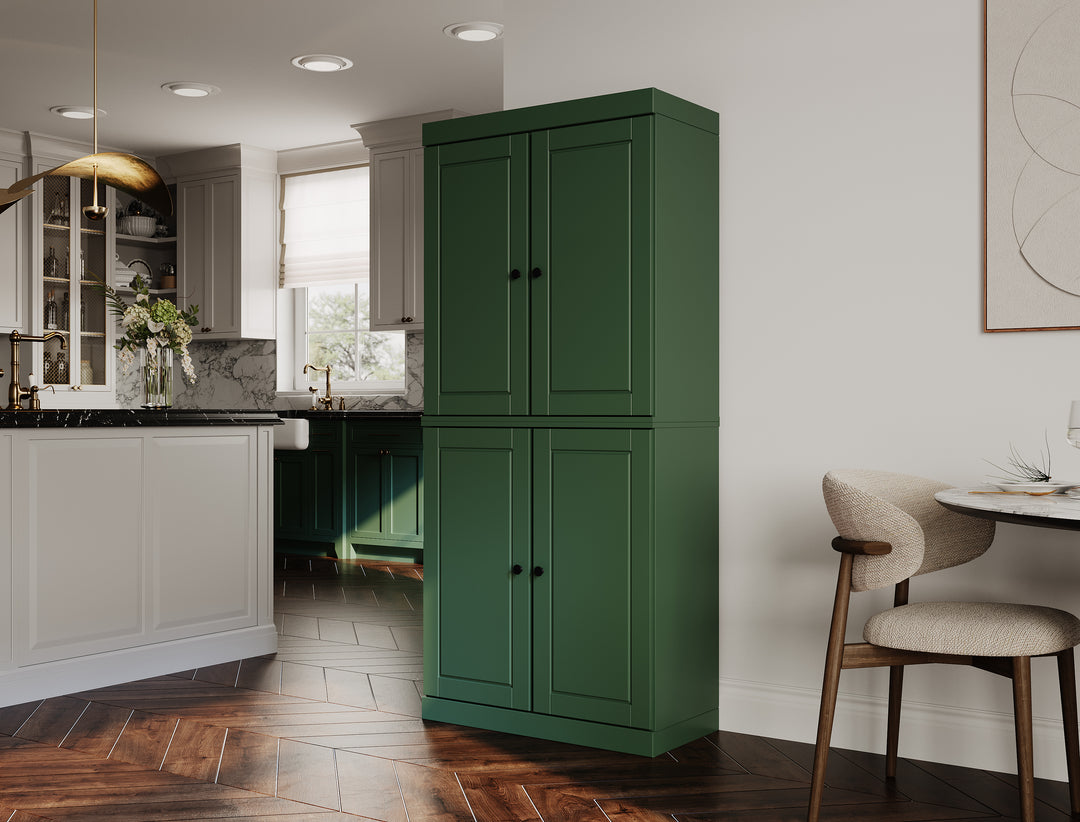 100% Solid Wood Kitchen 32" Pantry Cabinet, 4 Raised Panel Doors, 2-Drawers