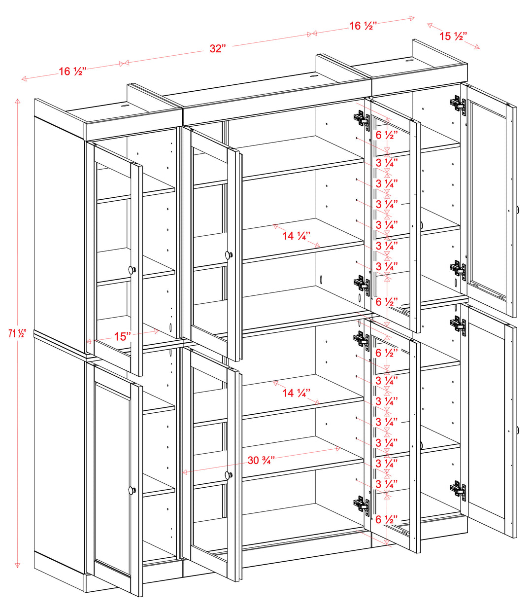 100% Solid Wood 65" China Pantry Cabinet, 6 Clear Glass, 2 Shaker Wood Doors