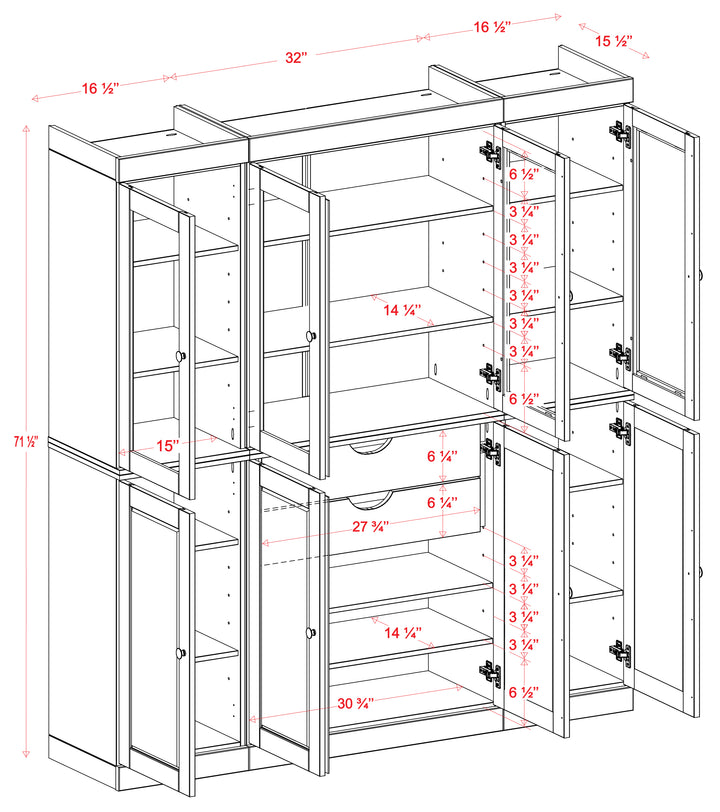 100% Solid Wood 65" China Pantry Cabinet, 4 Glass, 4 Shaker Wood Doors, 2-Drawers