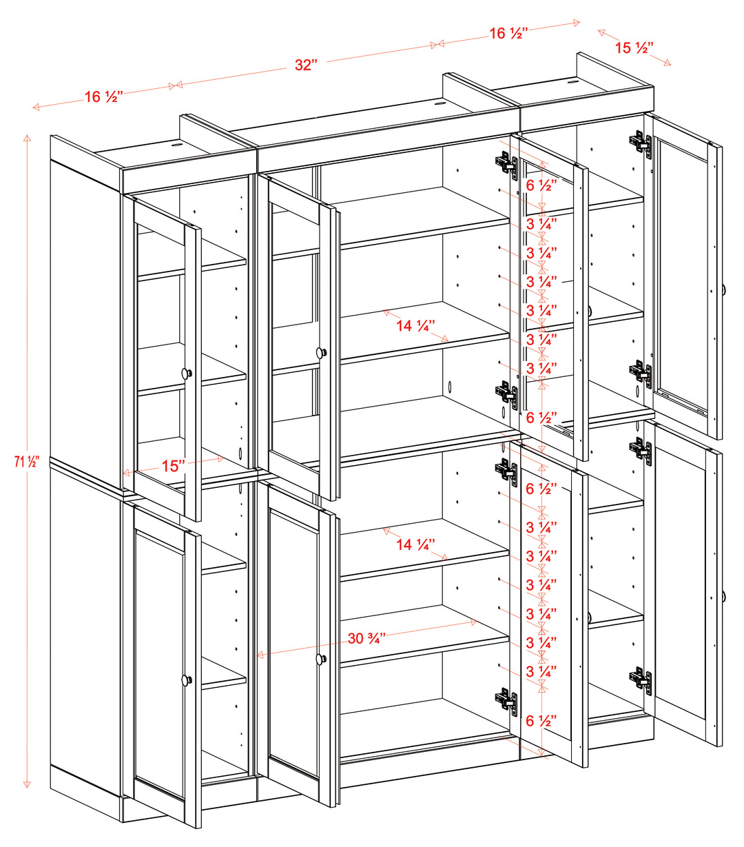 100% Solid Wood 65" China Pantry Cabinet, 4 Clear Glass, 4 Shaker Wood Doors