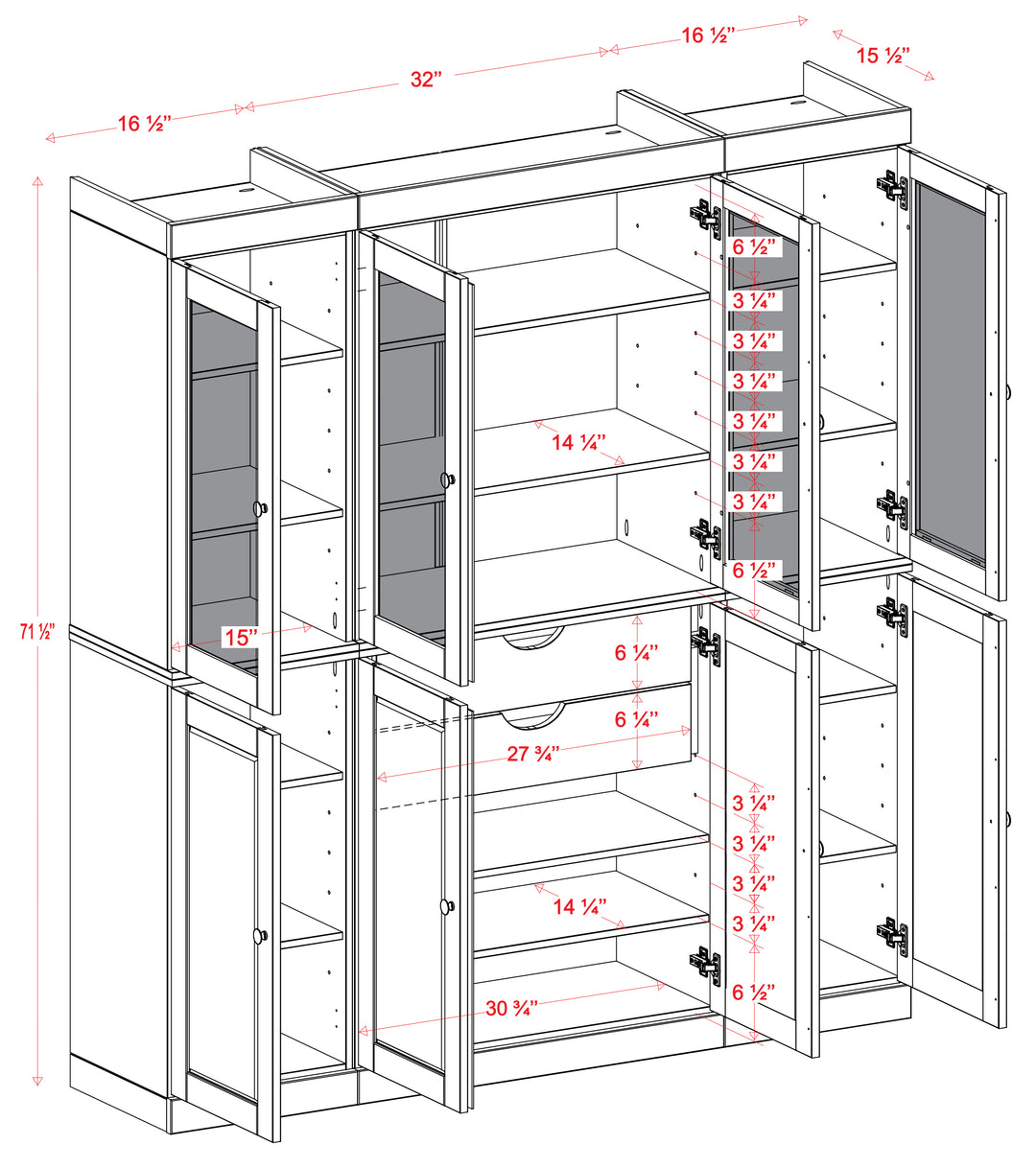 100% Solid Wood 65" Pantry Cabinet, 4 Frosted Glass, 4 Raised Panel Wood Doors, 2-Drawers