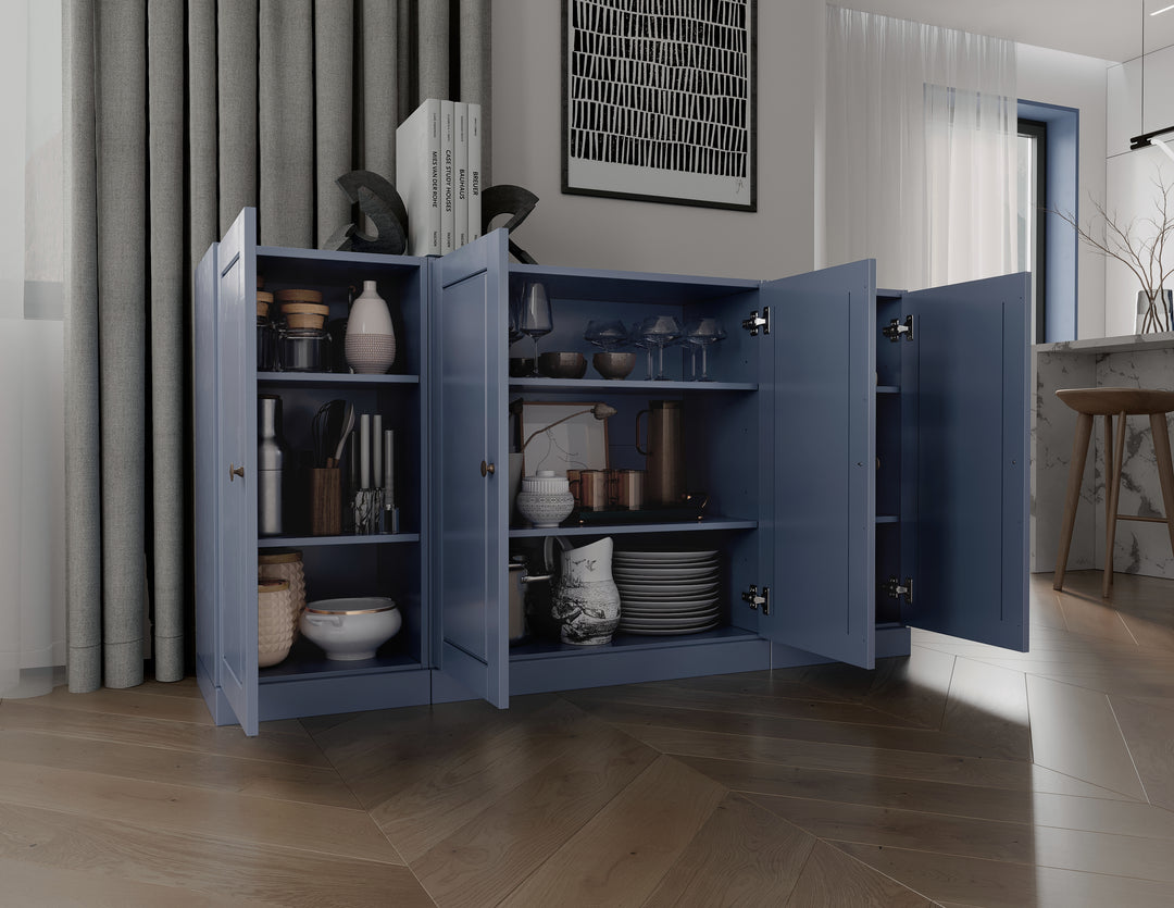 100% Solid Wood 65" Sideboard Cabinet, 4 Raised Panel Wood Doors, Adjustable Shelves