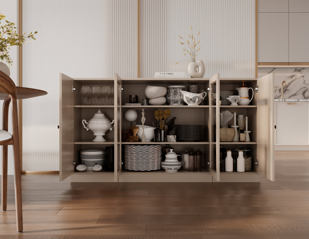 100% Solid Wood 65" Sideboard Cabinet, 2 Clear Glass, 2 Raised Panel Wood Doors, Adjustable Shelves