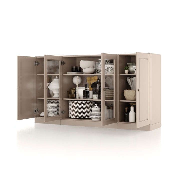 100% Solid Wood 65" Sideboard Cabinet, 2 Clear Glass, 2 Raised Panel Wood Doors, Adjustable Shelves