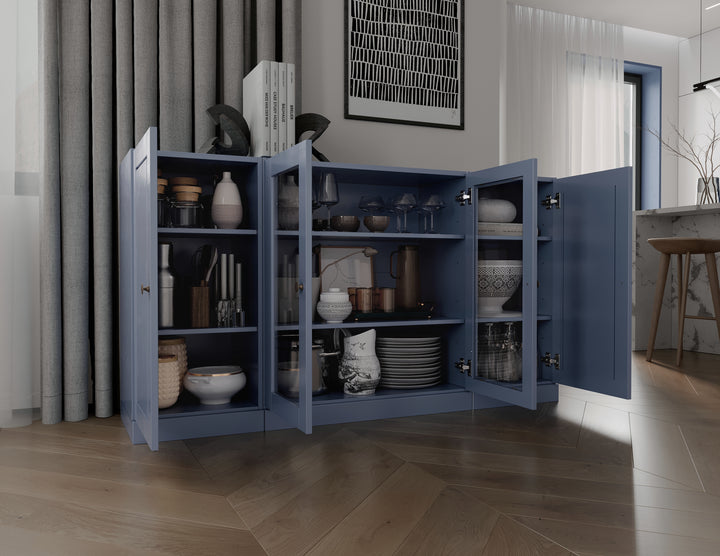 100% Solid Wood 65" Sideboard Cabinet, 2 Clear Glass, 2 Raised Panel Wood Doors, Adjustable Shelves