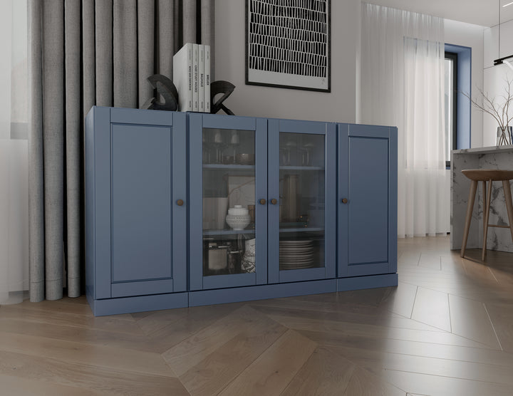 100% Solid Wood 65" Sideboard Cabinet, 2 Clear Glass, 2 Raised Panel Wood Doors, Adjustable Shelves