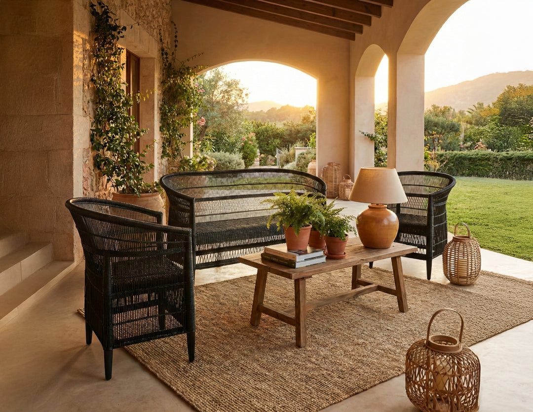 100% Handwoven Natural Rattan 3-Piece Indoor Seating Set with 2 Chairs and 3-Seater Settee, Solid Wood Frame, Boho Coastal Farmhouse, Authentic African Craftsmanship