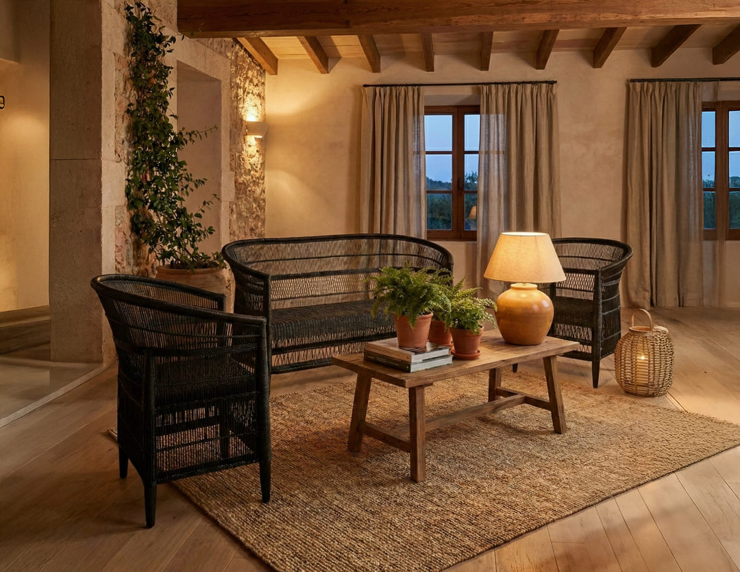 100% Handwoven Natural Rattan 3-Piece Indoor Seating Set with 2 Chairs and 3-Seater Settee, Solid Wood Frame, Boho Coastal Farmhouse, Authentic African Craftsmanship