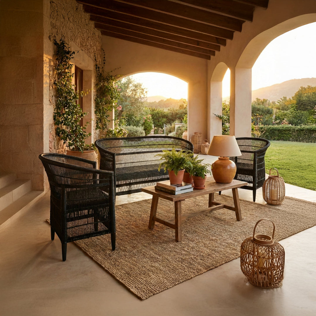 100% Handwoven Natural Rattan 3-Piece Indoor Seating Set with 2 Chairs and 3-Seater Settee, Solid Wood Frame, Boho Coastal Farmhouse, Authentic African Craftsmanship