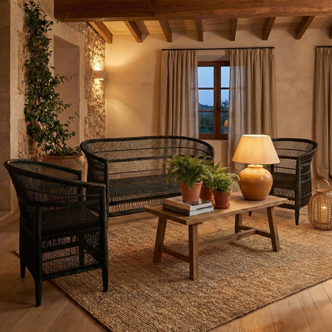 100% Handwoven Natural Rattan 3-Piece Indoor Seating Set with 2 Chairs and 3-Seater Settee, Solid Wood Frame, Boho Coastal Farmhouse, Authentic African Craftsmanship