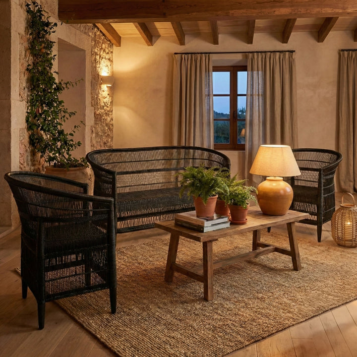 100% Handwoven Natural Rattan 3-Piece Indoor Seating Set with 2 Chairs and 3-Seater Settee, Solid Wood Frame, Boho Coastal Farmhouse, Authentic African Craftsmanship