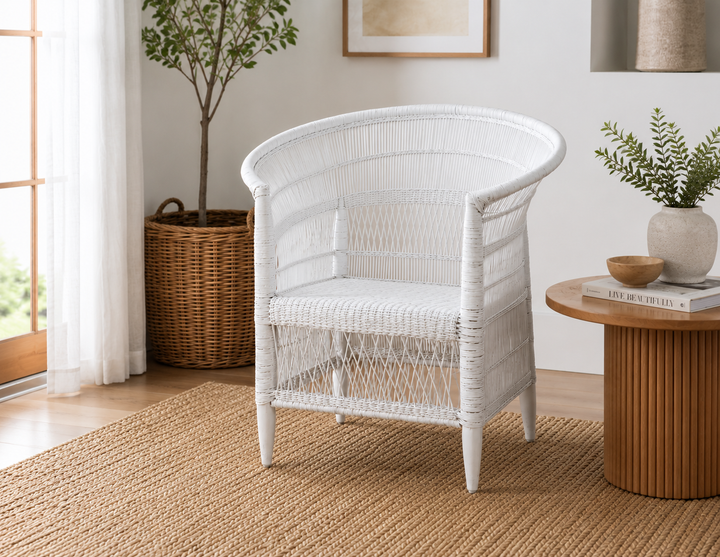 100% Solid Wood Frame Handwoven Natural Rattan Indoor Chair, Boho Farmhouse Accent Seating - Authentic African Craftsmanship
