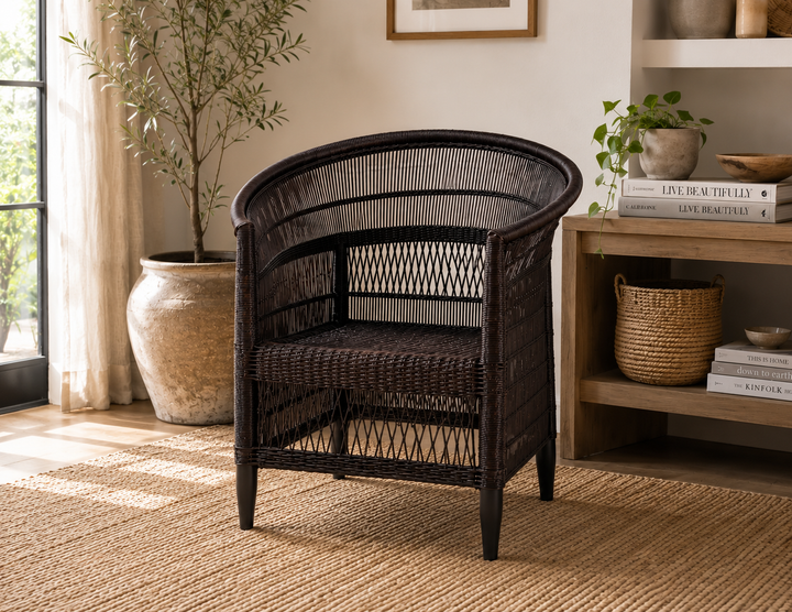100% Solid Wood Frame Handwoven Natural Rattan Indoor Chair, Boho Farmhouse Accent Seating - Authentic African Craftsmanship