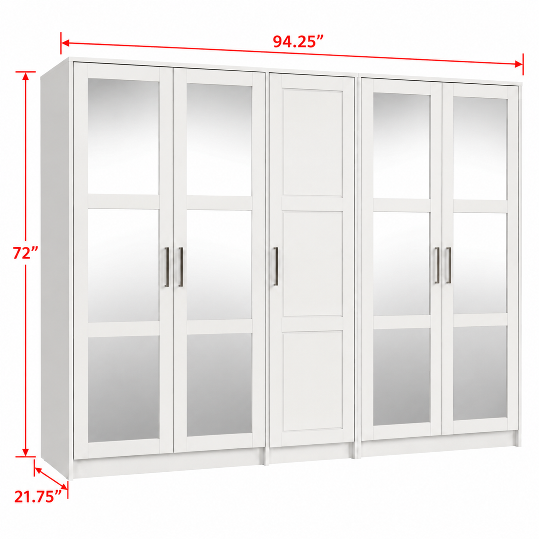 100% Solid Wood Modular 5-Door Wardrobe Armoire with Mirrored Doors, Bedroom Closet Storage - Urban Collection