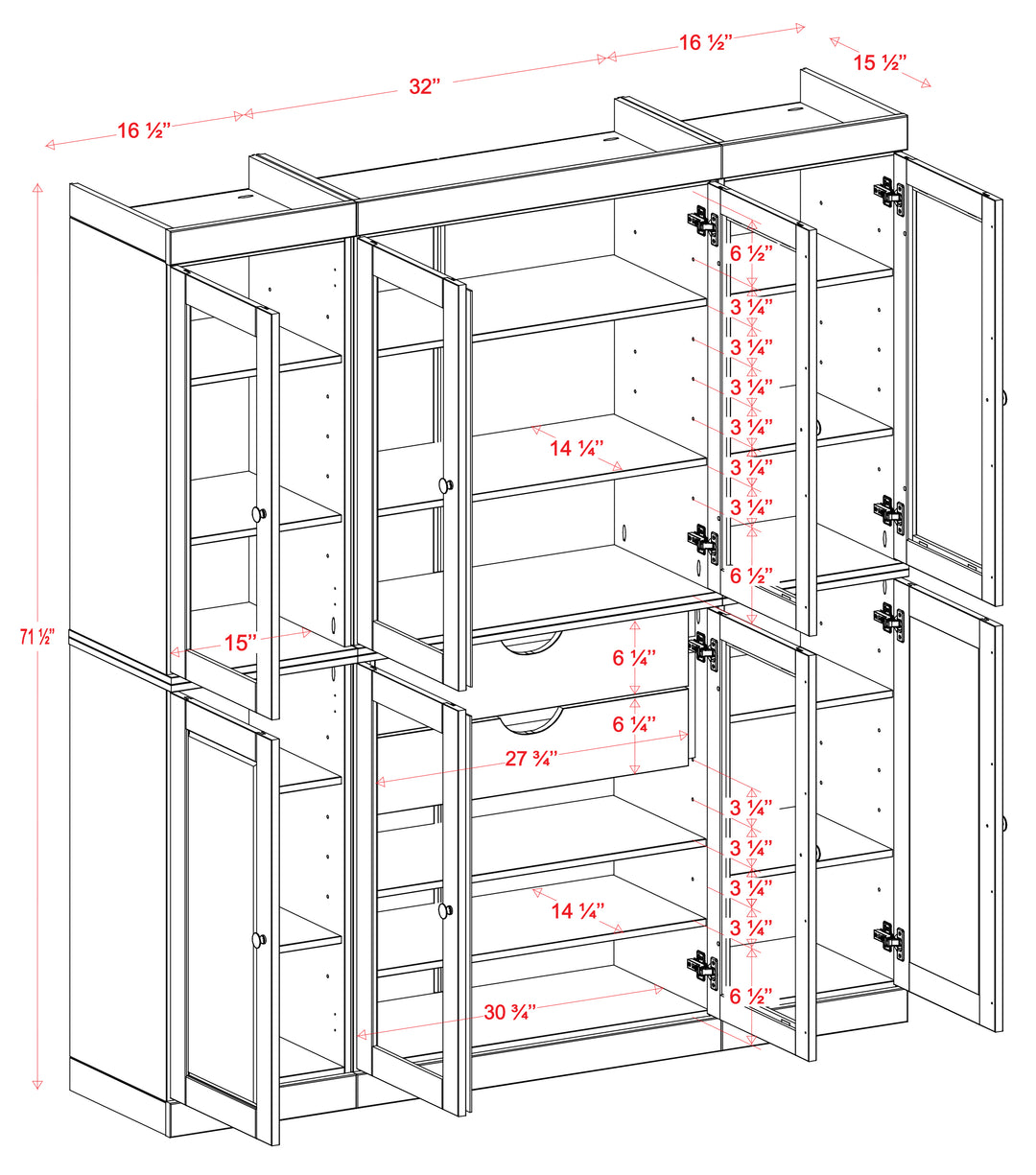 100% Solid Brazilian Pine Wood Pantry China Cabinet, Raised Panel & Clear Glass Doors, 2 Drawers, Adjustable Shelves, 65" Wide, 71.5" Tall