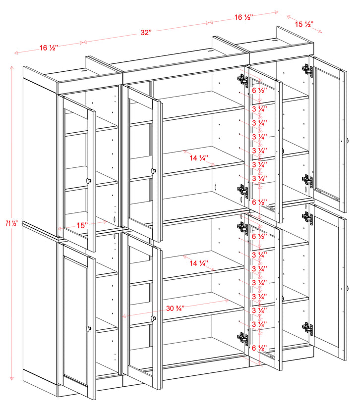 100% Solid Brazilian Pine Wood 65" Pantry China Cabinet with Raised Panel, Clear Glass Doors and Adjustable Shelves