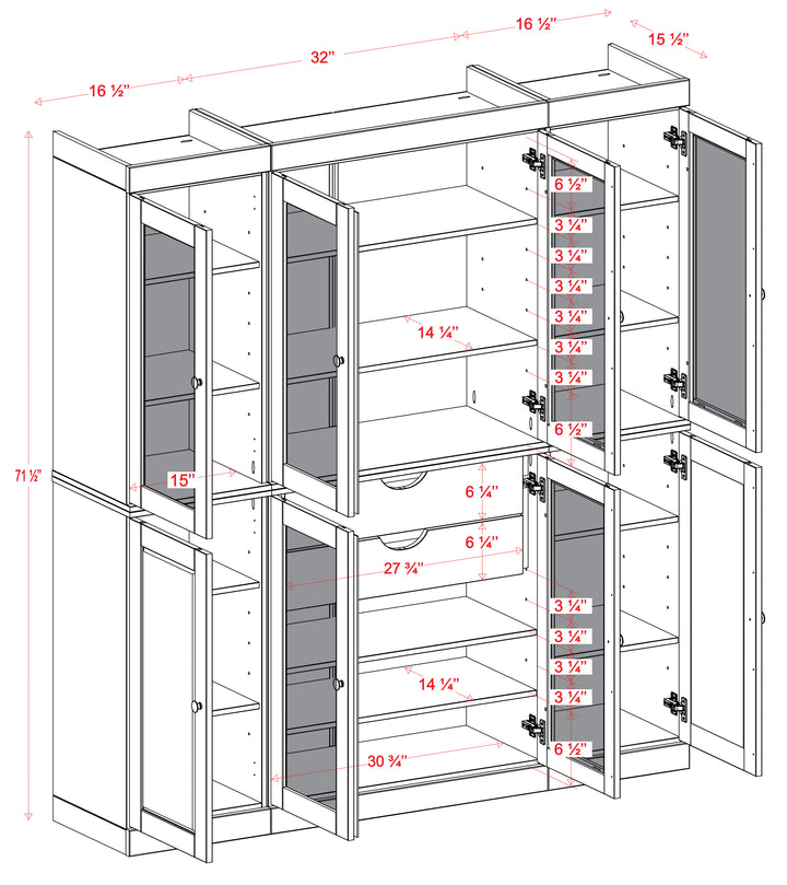 100% Solid Brazilian Pine Wood 65" Pantry China Cabinet with Raised Panel, Frosted Glass Doors, 2-Drawers and Adjustable Shelves