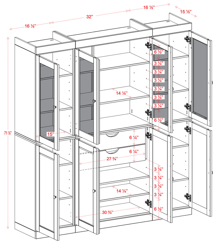 100% Solid Brazilian Pine Wood 65" Pantry China Cabinet with Raised Panel, Frosted Glass Doors, 2-Drawers and Adjustable Shelves