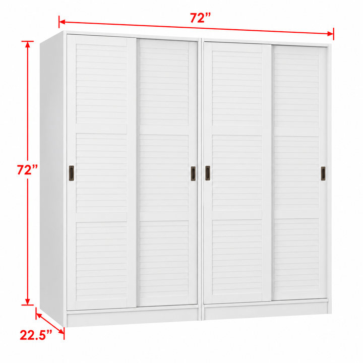 100% Solid Wood Modular 4-Door Sliding Wardrobe with Louvered Doors, Bedroom Closet Storage