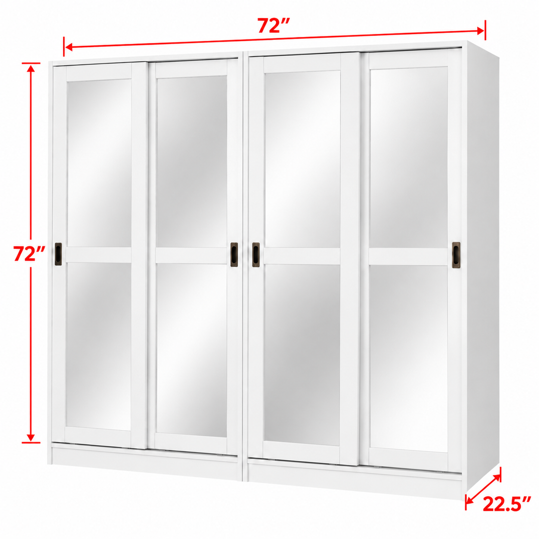 100% Solid Wood Modular 4-Door Sliding Wardrobe with Mirrored Doors, Bedroom Closet Storage
