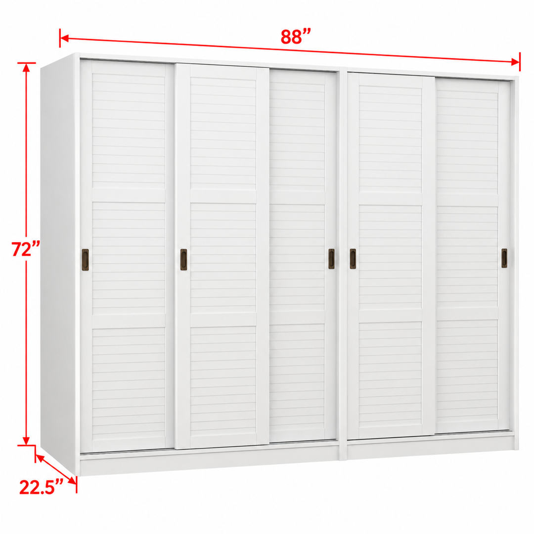 100% Solid Wood Modular 5-Door Sliding Wardrobe with Louvered Doors, Bedroom Closet Storage