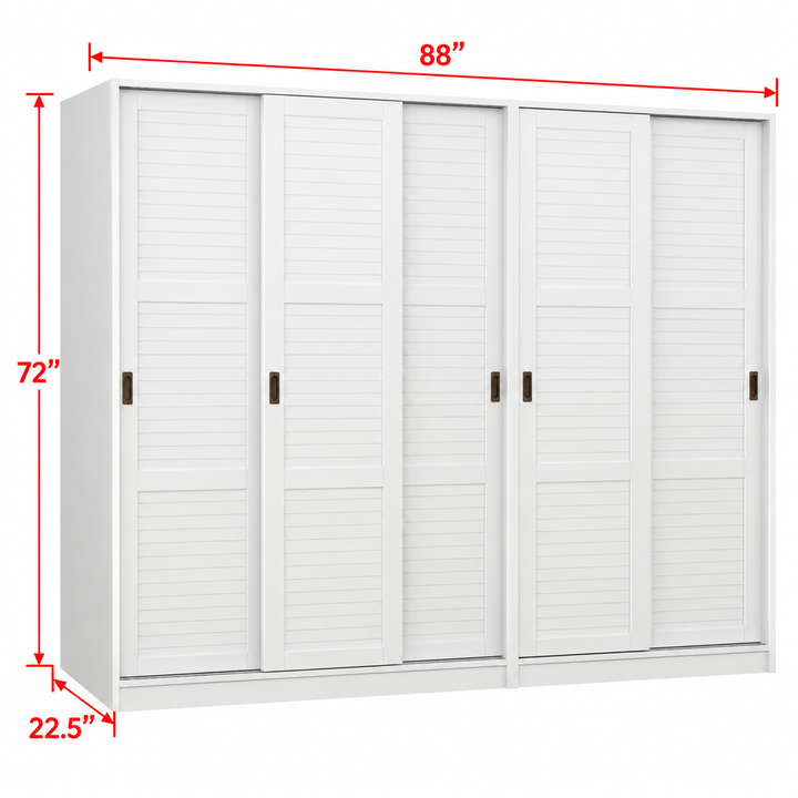 100% Solid Wood Modular 5-Door Sliding Wardrobe with Louvered Doors, Bedroom Closet Storage