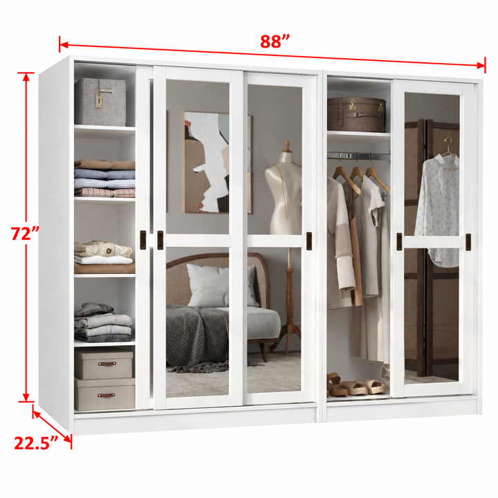 100% Solid Wood Modular 5-Door Sliding Wardrobe with Mirrored Doors, Bedroom Closet Storage