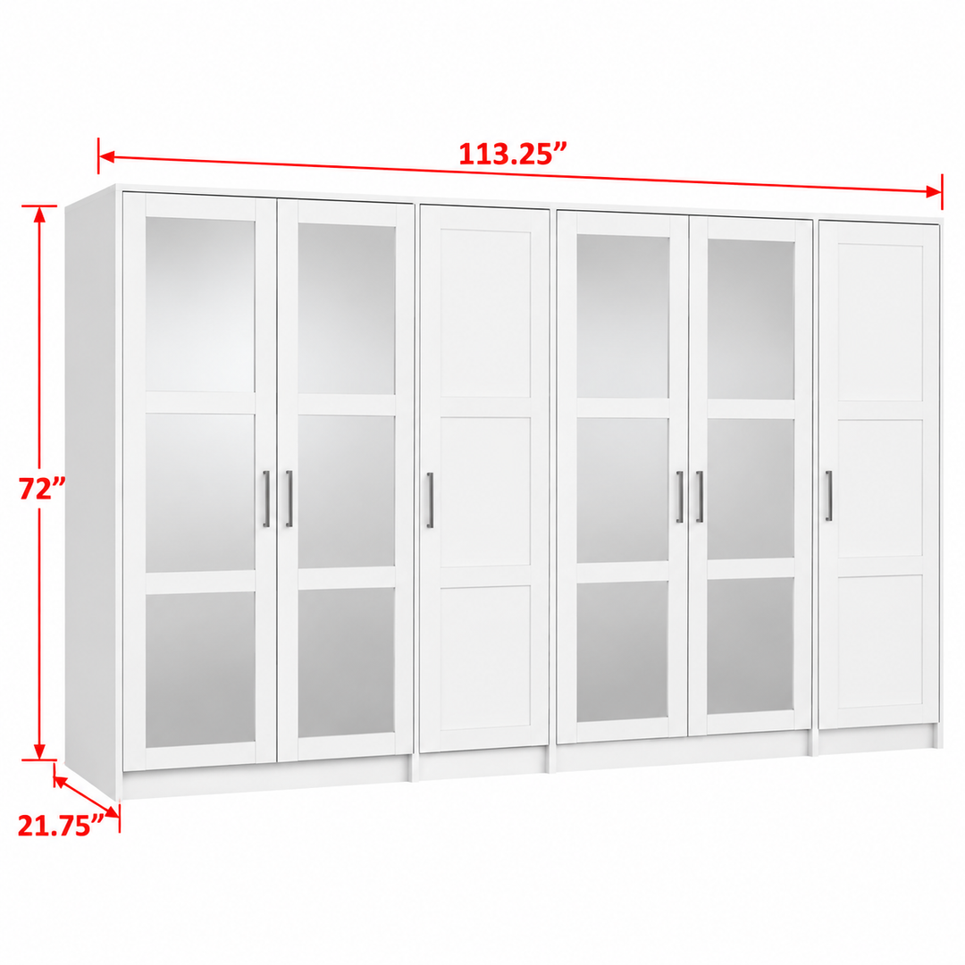 100% Solid Wood Modular 6-Door Wardrobe Armoire with Solid & Mirrored Doors, Bedroom Closet Storage - Urban Collection