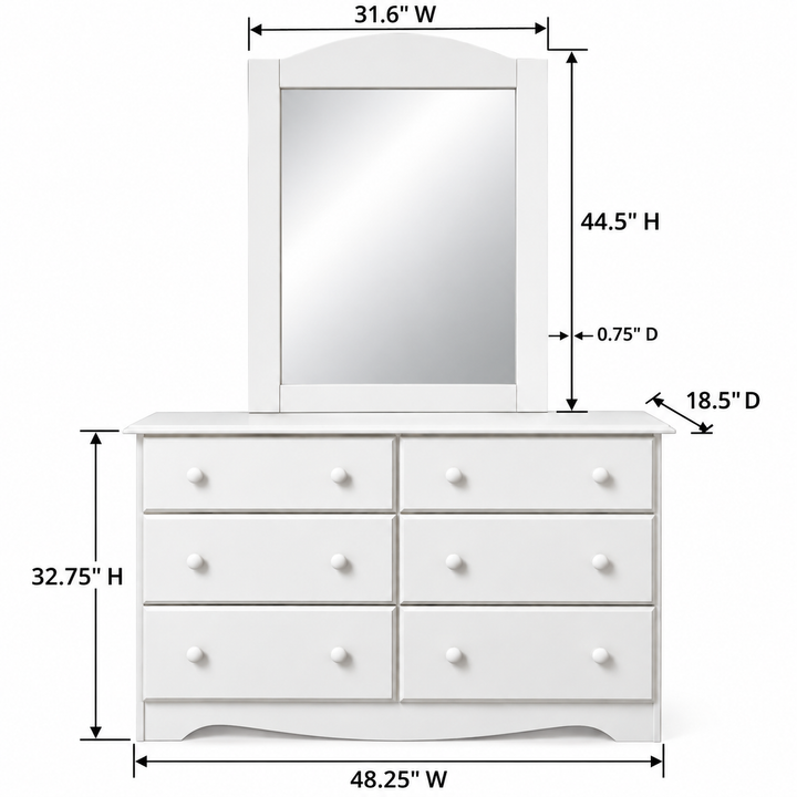 100% Solid Wood Double 6-Drawer Dresser with Mirror, Wide Bedroom Storage Chest
