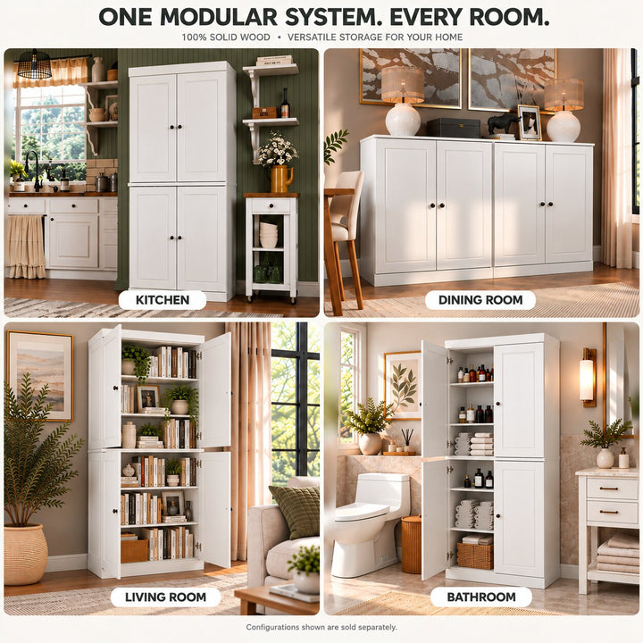 100% Solid Wood Tall Freestanding Modular Bathroom Linen Storage Cabinet with Raised Panel Doors, 2 Drawers, Adjustable Shelves, 32" W x 71.5" H