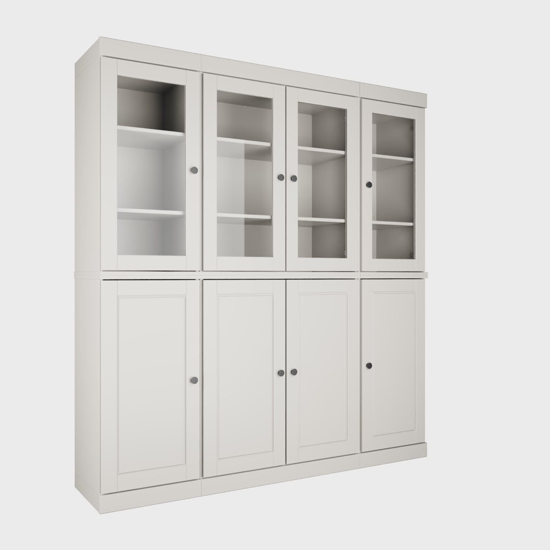 100% Solid Wood 65" China Pantry Cabinet, 4 Clear Glass, 4 Shaker Wood Doors