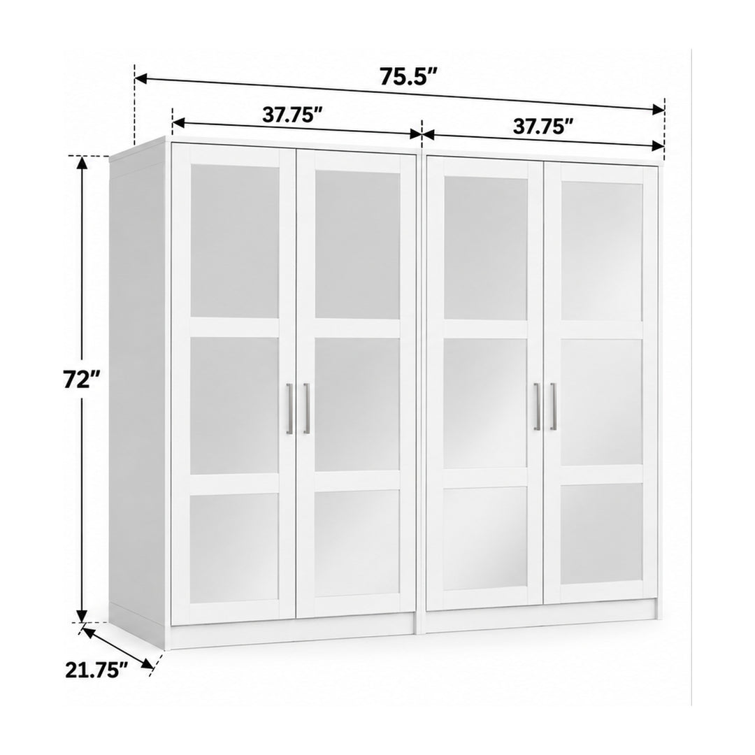 100% Solid Wood Modular 4-Door Wardrobe Armoire with Mirrored Doors, Bedroom Closet Storage - Urban Collection